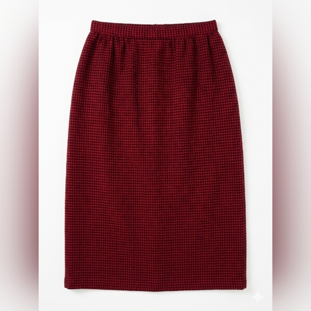 RARE PRISTINE Vintage Glenwick Wool Houndstooth Midi Skirt, Red/Black, Size 10